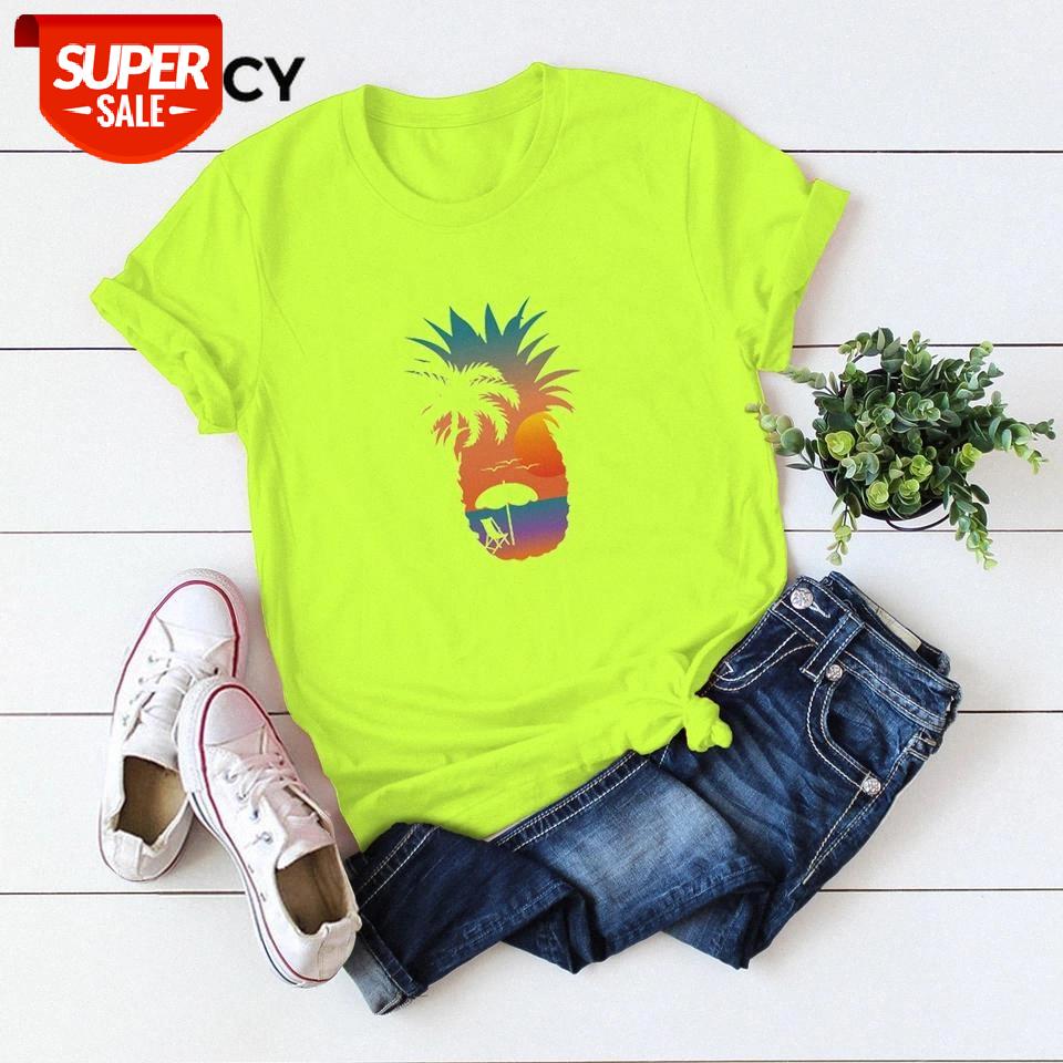 

JFUNCY 2020 Summer Women Shirt Clothing Pineapple Beach Print Harajuku Graphic Tee Plus Size Female Short Sleeve Cotton Tops #rs97, White