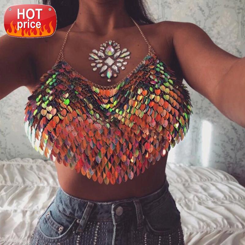 

Halter Metal Sequined Camis Sexy Low Cut Backless Sleeveless Patchwork Multilayered Crop Top Music Festival Lady Hot Camisole #Ez5B, White
