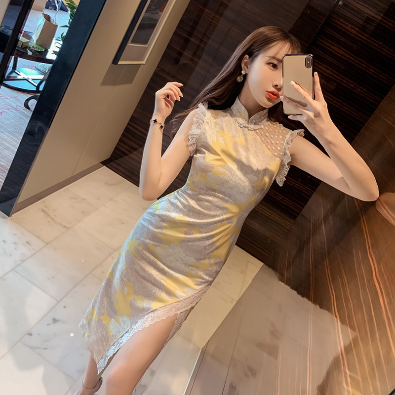 

2021 New Sexy for the Girly Party Printed Sheath Long Slit Cheongsam Sleek Stylish Chinese Summer Dress Sleeveless 40WF, Multi