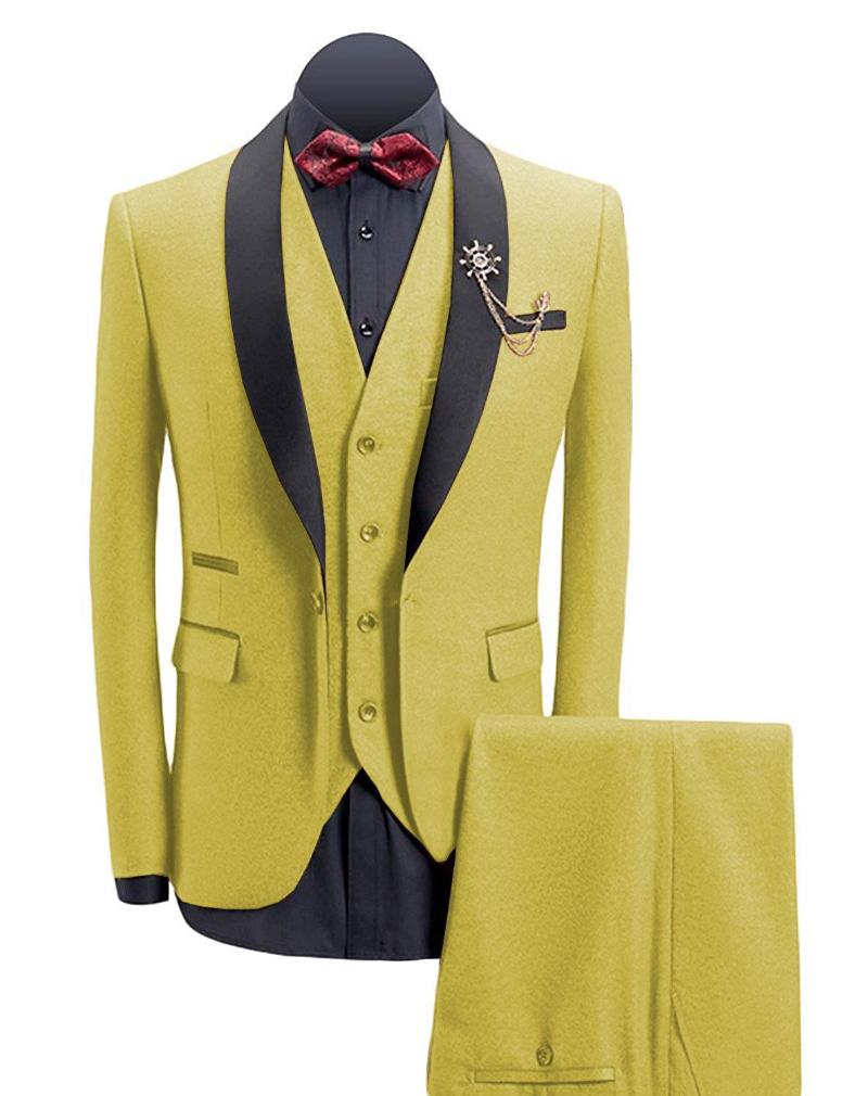 

Men's Wool Suits Shawl Lapel Tweed Tuxedos Slim Fit Leisure Winter Coat Groomsmen Wedding Suits 3 pieces (Blazer+vest+Pants, Yellow