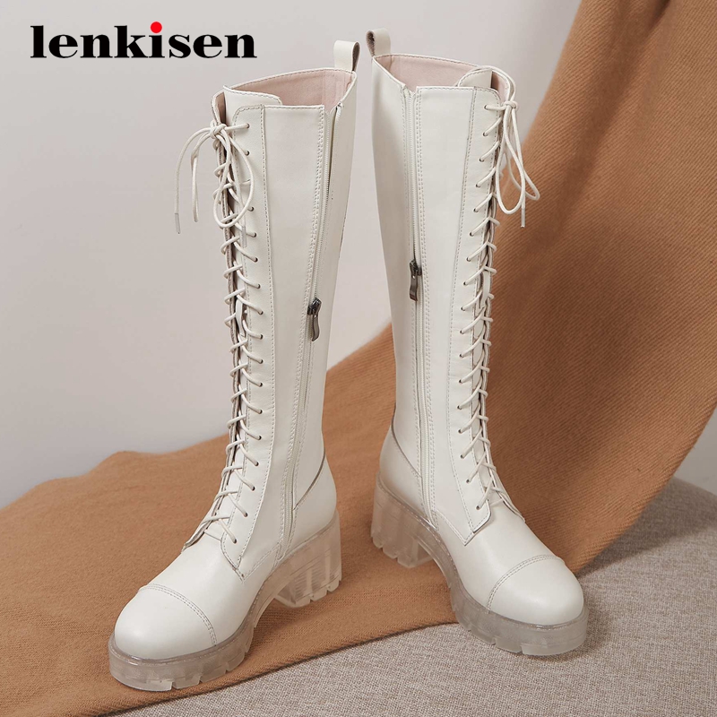 

Lenkisen equestrian boots genuine leather cross-tied platform coolest round toe thick high heel zipper star knee high boots L25, Black