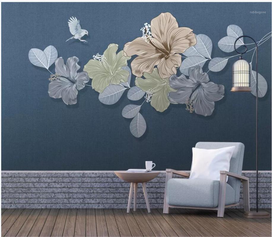 

WDBH 3d photo wallpaper custom mural Fresh HD hand drawn flowers and birds plant home decor living room wall paper for walls 3 d1, White