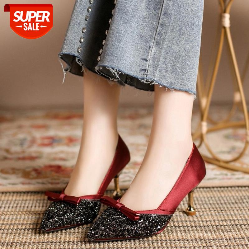 

Lucyever Luxury Sequins Wedding Shoes Woman Fashion Bow Thin Heels Party Pumps Women Shoes Pointed Toe Slip on Footwear Female #U31D, Black