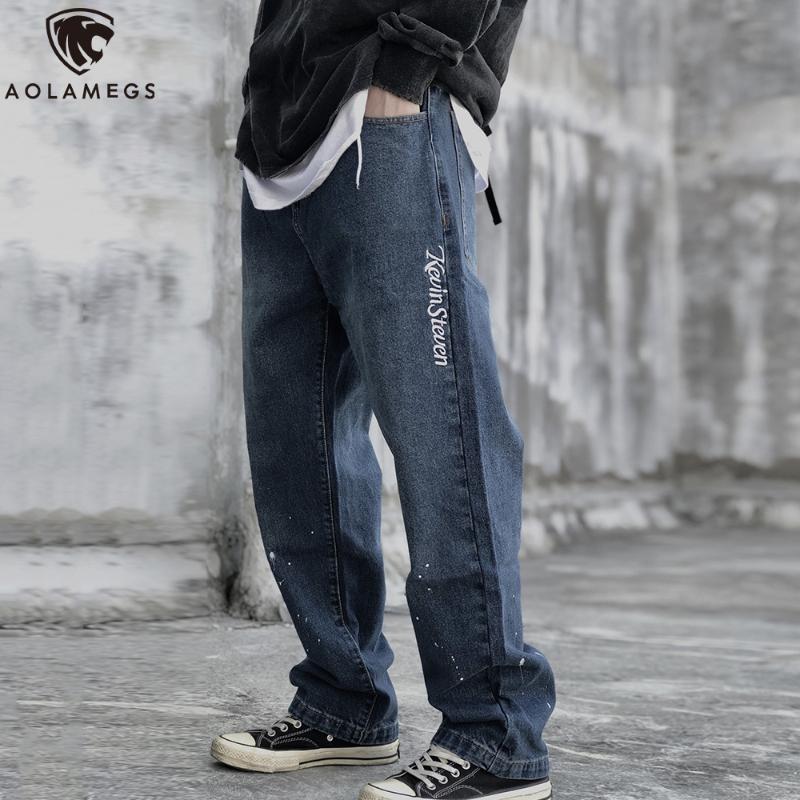 

Aolamegs Jeans Men Letter Embroidery Solid Retro Denim Pants Men Baggy Trousers Harajuku Simple Advanced Fashion Male Streetwear, Blue