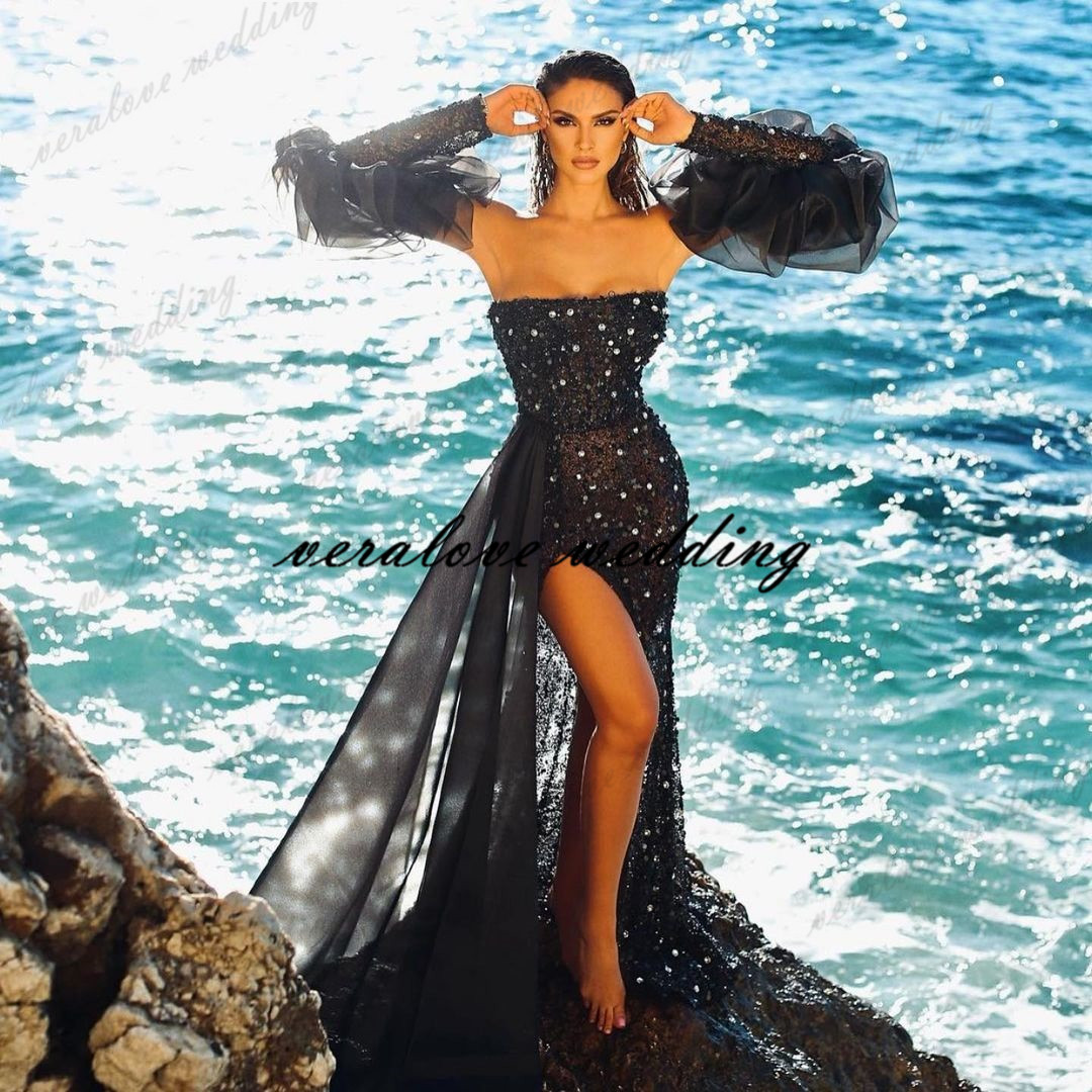 

Black Sparkly Sequins Prom Dress Mermaid 2021 Split Strapless Formal Occasion Party Gowns With Sleeves vestidos de gala, Dark red