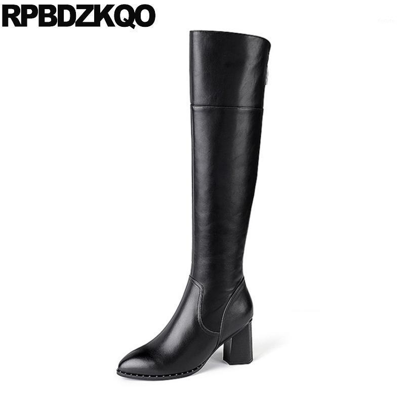 

genuine leather long plus size knee high chunky shoes women pointed toe black heel tall 2020 quality 10 boots 4 big1