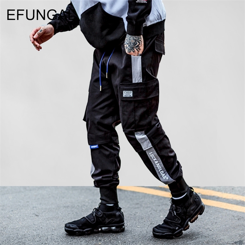 

EFUNGAL Cargo Pocket Track Pants Harem Joggers Men High Fashion Urban Streetwear Full Length Hip Hop Trousers 201109, Black