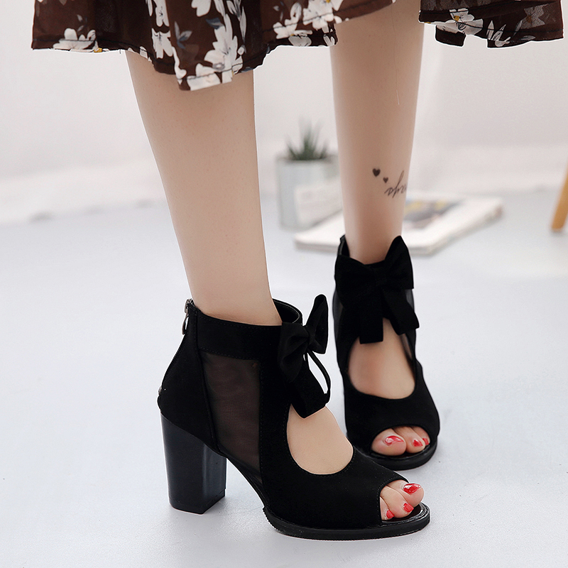 

2021 The New Summer Women Sexy Male Sandals Peep Toe Bowtie Gross Heel Gladiator Women's Shoes Vbwt, Black