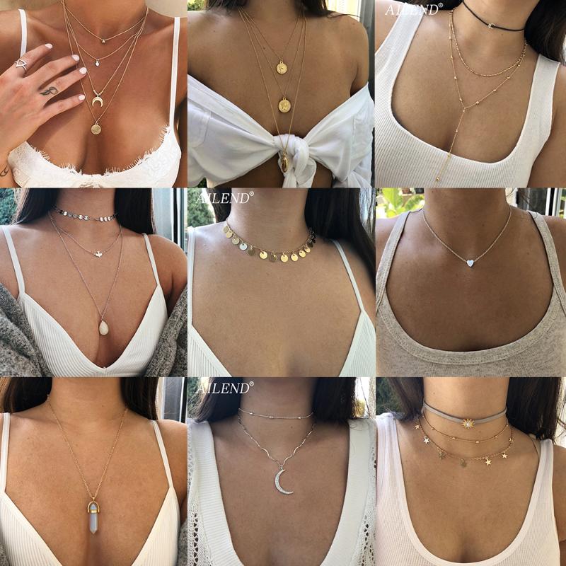 

VKME Vintage Multilayer Pendant Necklace For Women Bohemian 2020 New Heart-shaped Crescent Pentagram Necklace Trendy Jewelry