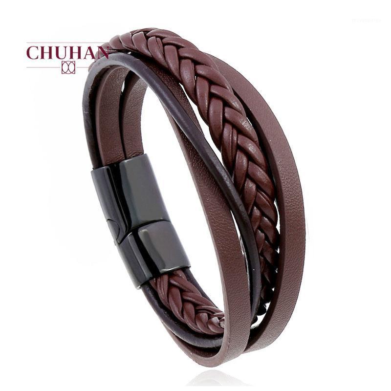 

CHUHAN Fashion Punk Vintage Men Bracelet Multilayer Stainless Steel Woven Leather Bracelet Casual Hip Hop Jewelry J2261