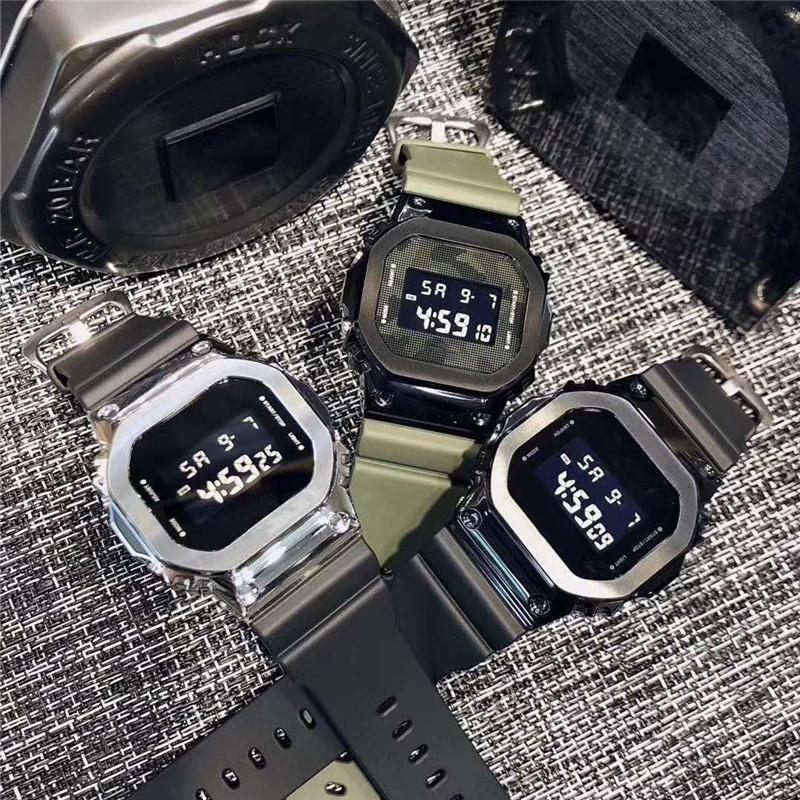 

Hot selling square LED digital electronic watch iced out watch dual display men's military watch world time PU strap