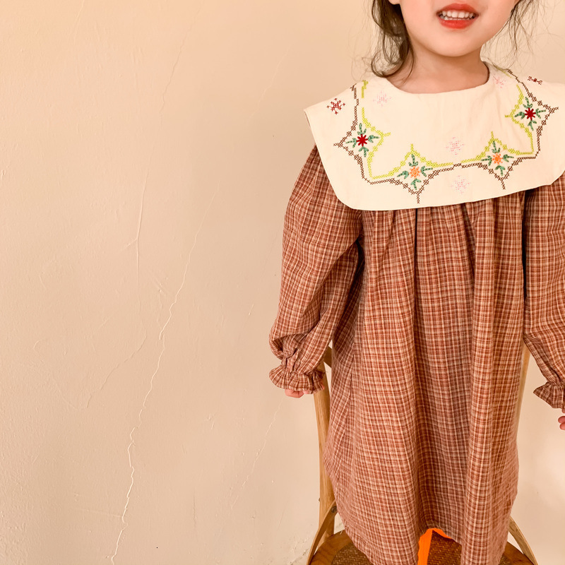 

2021 New 1-6y Toddler Kids Baby Girls Ruffles Long Sleeve Plaid Princess Casual Embroidered Lapel Children Clothes 7cst, 2021c04red