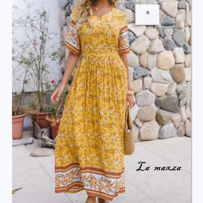 

Elegant Bohemian Women Print Dress Fashion V-neck Maxi Dress 2020 Summer Casual Women1, As pic