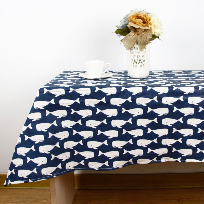 

New High Quality Tablecloth for Dinner Linen Cloth Bohemia Style Decorative Japan Style Whale Print Cotton Linen Table Cloth1, Blue