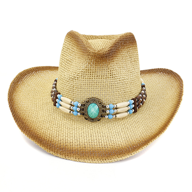 

Brown Spray Paint Plain Paper Straw Cowboy Hats with Ethnic Hatband Decor Men Women Wide Brim Beach Sunhat Sunshade Hat