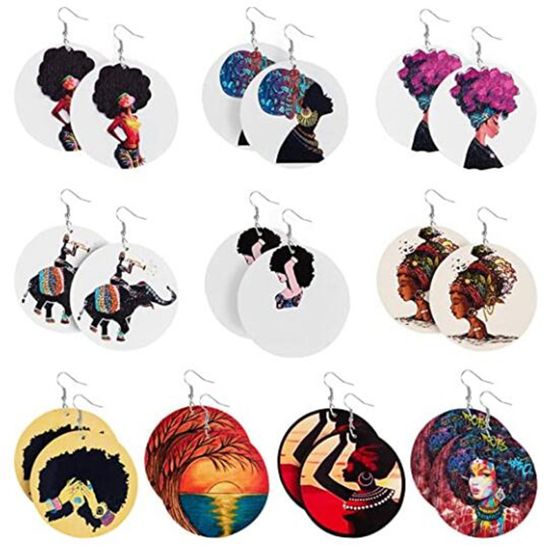 

African Wooden Earrings Ins Hot Handmade Ethnic Africa Pattern Print Wood Drop Earrings Queen Girls' Jewelry Hoop Earrings