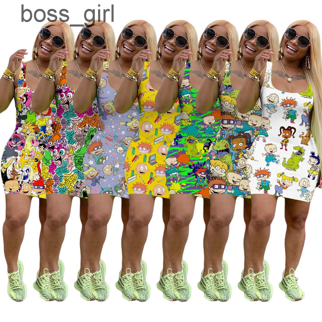 

Women Mini Skirt Cartoon print Sleeveless Summer Dress Designer One Piece Dress High Quality Skinny Luxury Clubwear, Cyan