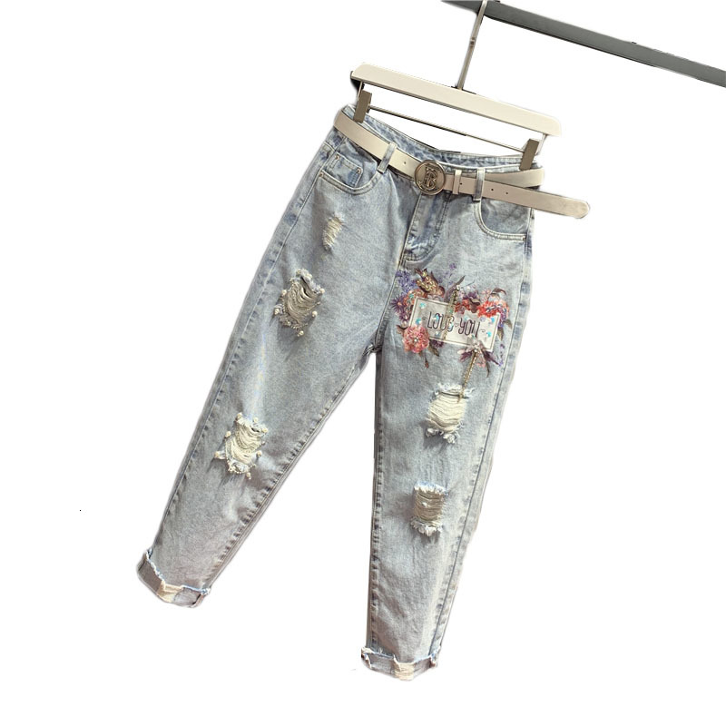 

2021 New Beading Hole Women's Harem Pants Female Loose High Waist Heavy Work Deading Sequined Jeans Spring Denim Trousers Y363 40by, Blue