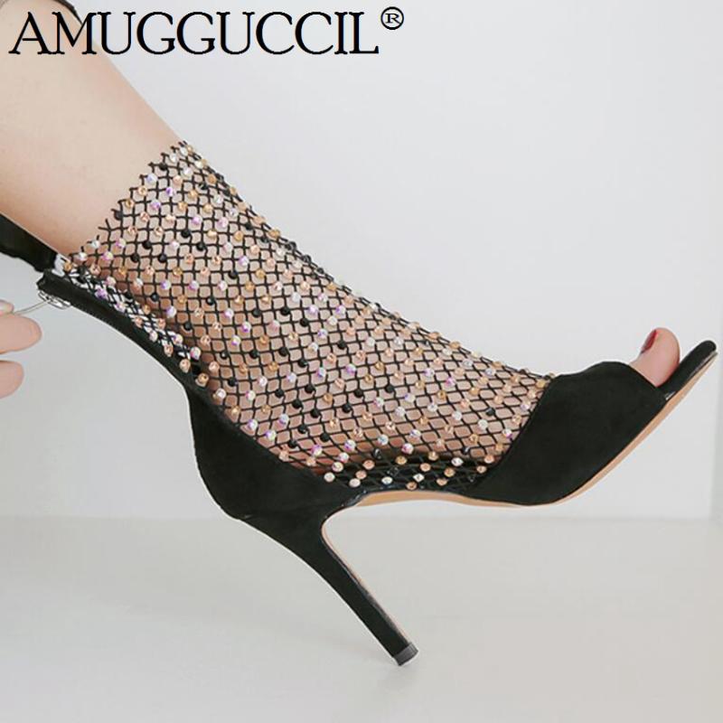 

2020 New Plus Big Size 32-45 Black Zip Crystal Peep Toe Fashion Sexy High Heel Spring Females Ladies Women Summer Boots X1824