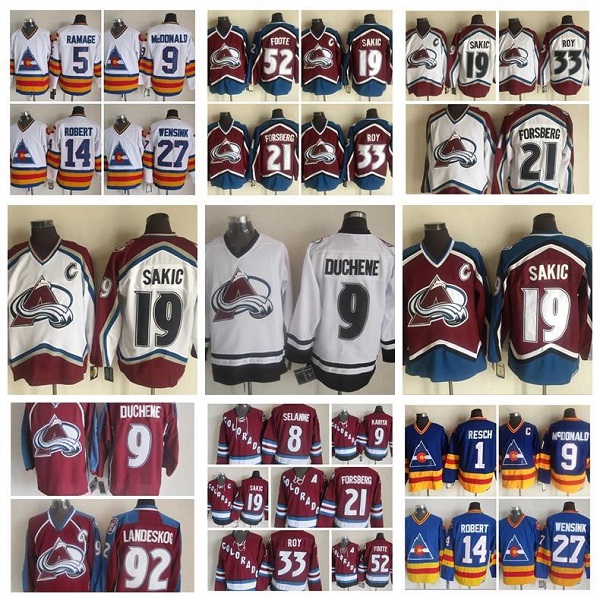 

NEW Fashion Retro Colorado Avalanche Jersey Peter Forsberg Patrick Roy Joe Sakic Adam Foote Paul Kariya Vintage CCM Stitched Hockey Jerseys, Colour 7