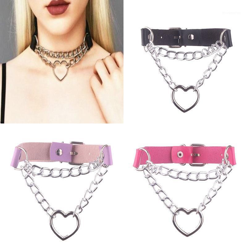 

Women Hiphop Punk Adjustable Heart Choker Necklace Chain Link PU Collar Gothic Leather Choker Metal Chain Jewelry Necklaces 20201
