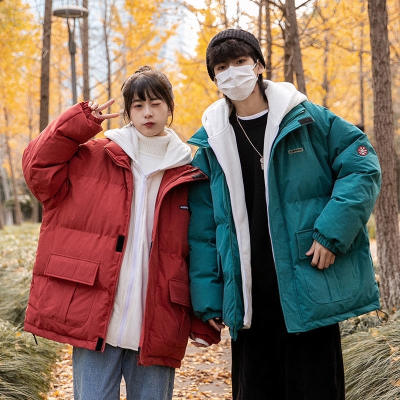 

2021 Man Autumn Winter New Thickened Woman Hooded Warm Graphic Printed Coats Korean Streetwear Couple Parkas Ueol, Red