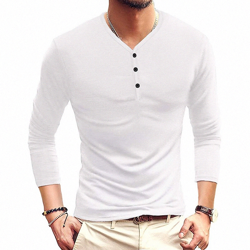 T-shirt pour hommes Couleur solide V tanière Casual Bouton quotidien Toile à manches longues Casual Casual Casual Classique Slim Fit Green Blanc