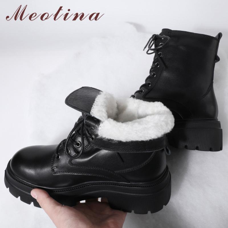 

Meotina Real Wool Fur Natural Leather Platform High Heel Ankle Boots Women Warm Motorcycle Boots Block Heels Lace Up Short, Black