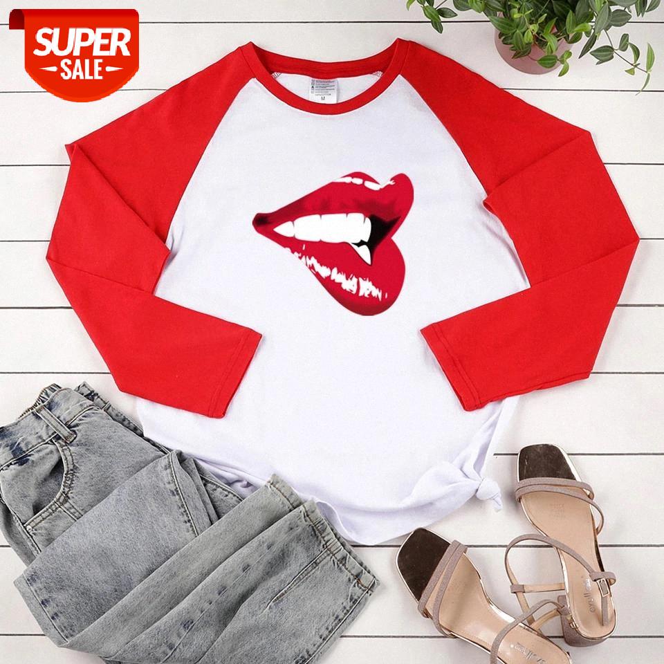 

Red Lips Print Long Sleeve T-shirts Women Autumn Winter Graphic Tees Loose Shirts for Women Fashion Two-tone Stiching Ladies Top #nk5g, White