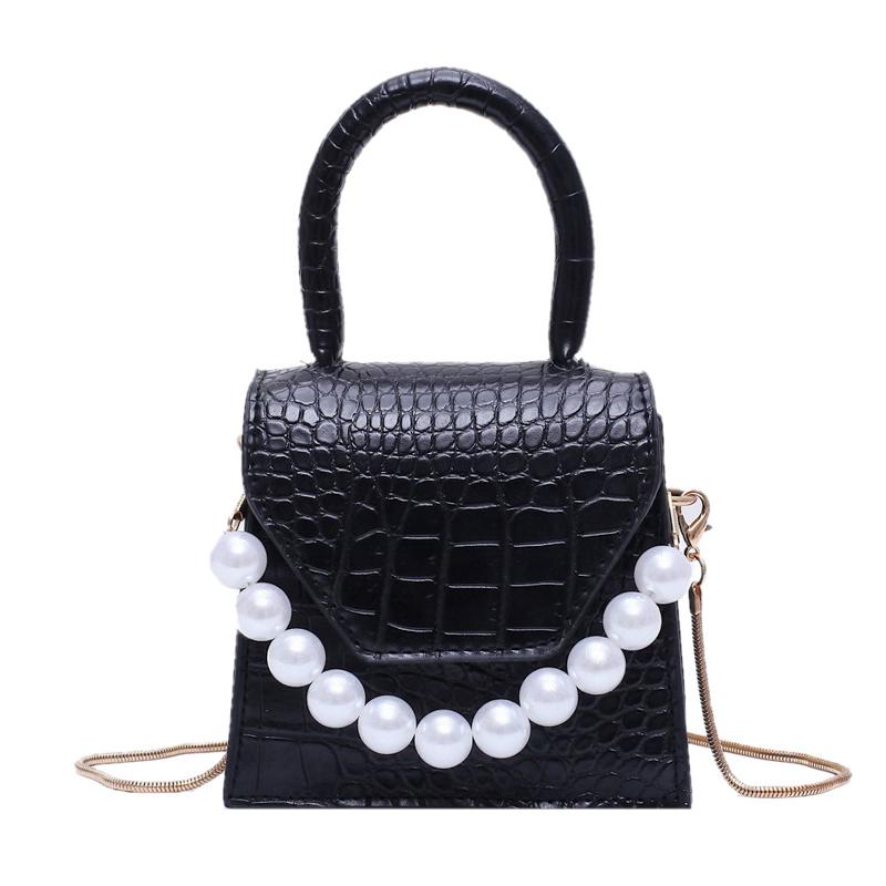 

High-end Sense of Fashion Small Bag Simple Stone Patterned One-shoulder Bag Chain Small with Pearl Handbag Mini, Black