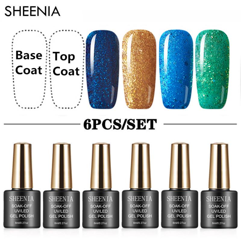 

2021 new Nail Gel Polish Set 6PCS Nail Kit Set Glitter Holographics Soak Off UV Gel Varnish Kit For Art, Top coat