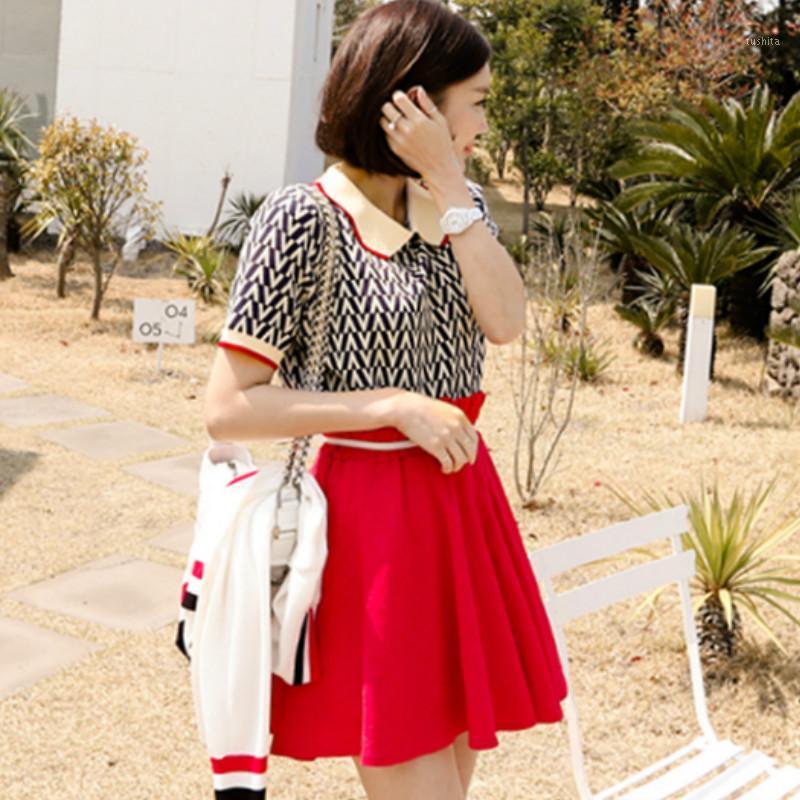 

Summer Casual Loose Knitted Top Shirt Red Pleated High Waist Shorts Two Piece Daily Sets1