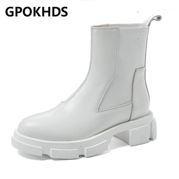 

GPOKHDS 2021 women soft ankle boots cow leather slip on boots winter short plush round toe high heels women1, White