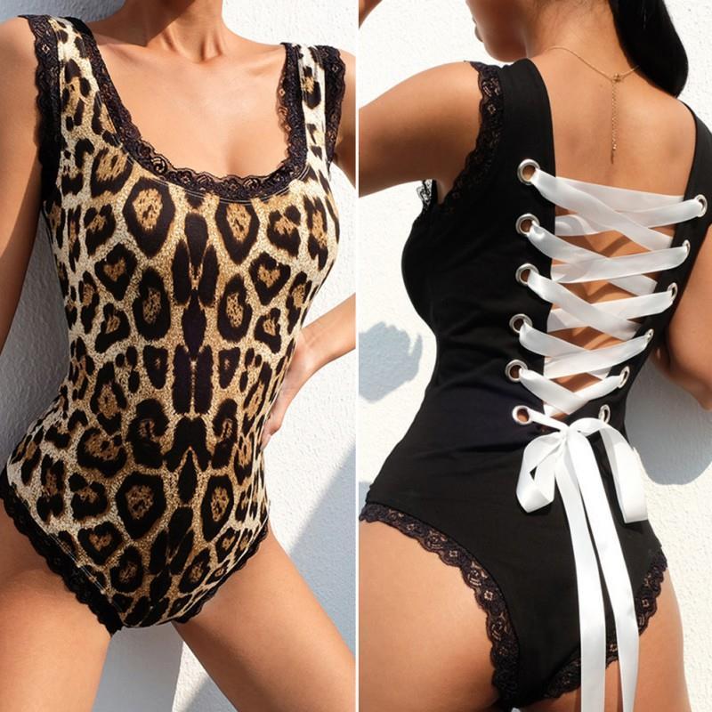 

bodysuit for women suspendres back tie rope lace edge lace side leopard print sleeveless bodysuit 2020 jumpsuit, Black;white