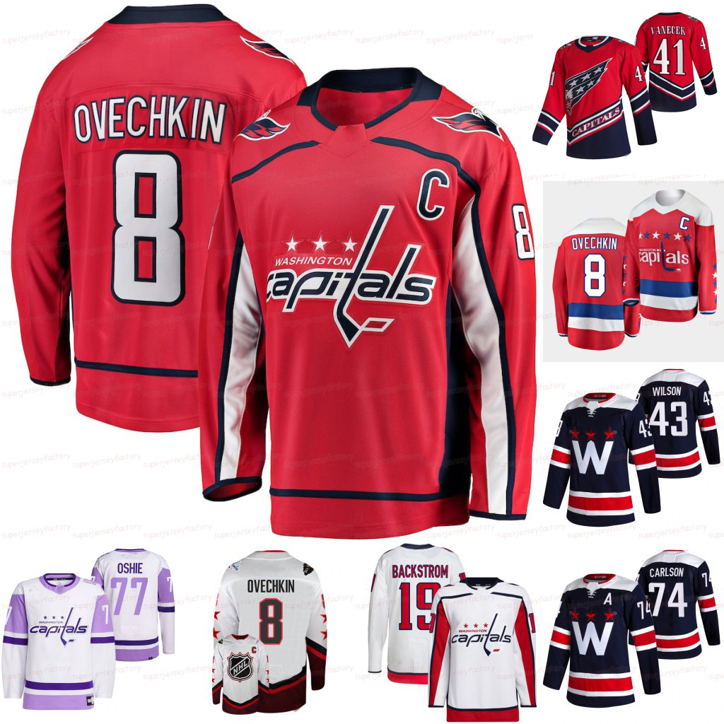 

8 Alex Ovechkin 2022 Hockey Jersey 43 Tom Wilson 77 T.J. Oshie 74 John Carlson 41 Vitek Vanecek 19 Nicklas Backstrom 3 Nick Jensen 92 Evgeny Kuznetsov 73 Conor Sheary, Youth away