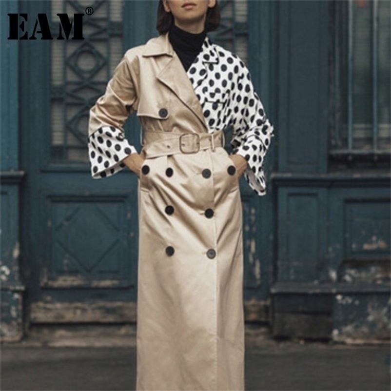 

[EAM] Women Khaki Dot Print Split Trench New Lapel Long Sleeve Loose Fit Windbreaker Fashion Tide Spring Autumn OA7010 201226