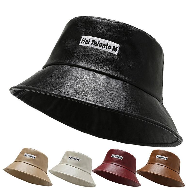 

Wide Brim Hats 2021 Autumn Winter Letter Bucket Hat Faux Leather Cap Men's And Women's Fashion Panama PU Fisherman, White