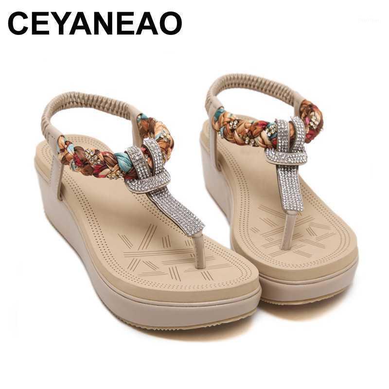 

CEYANEAO Fashion Platform Sandals For Women Bohemia Beach Sandals Rhinestone T-Strap Women Shoes Woman Plus Size BZT7041, Black