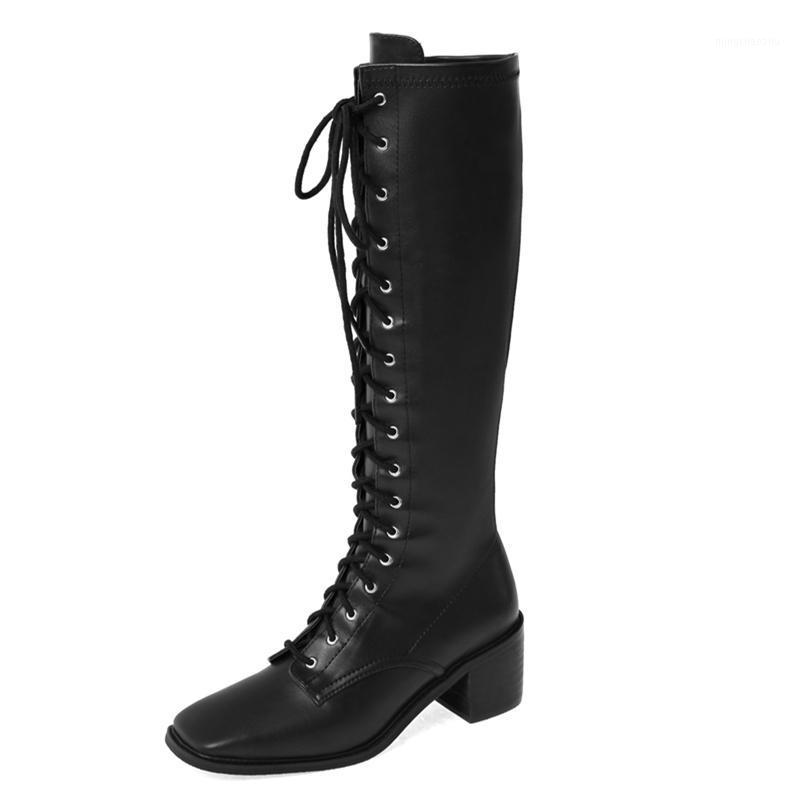 

Vintage Knee High Boots For Women Genuine Leather lace up Shoes Woman Chunky Heels Platform Winter Basic ladies Boots1, Black
