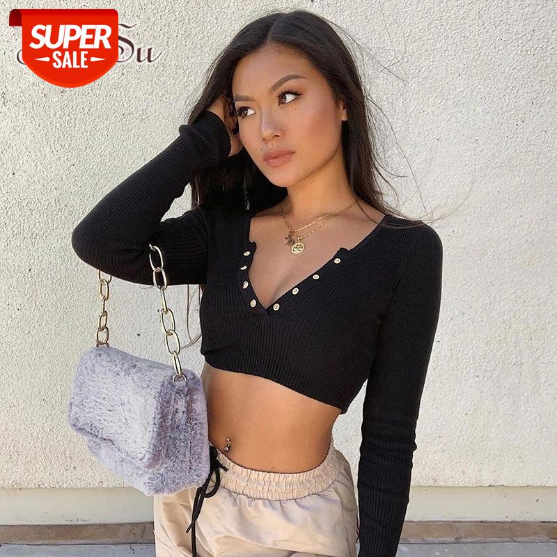 

ArtSu Buttons Casual Basic Tshirt Women Solid Long Sleeve Crop Top T Shirt Ladies Skinny Autum Cotton T-shirt Fashion ASTS21383 #OR8q, White