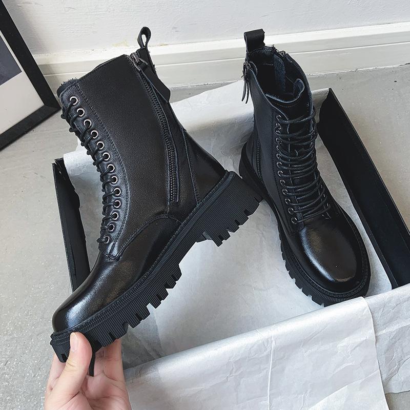 

First Layer Cowhide Boots Women's Thick-Soled Plus Velvet Mid-Tube Boots Increase Women's Leather Knight 2021, Black spring autumn
