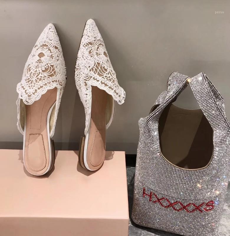 

Womens Flats Mule Leisure Pointed Toe Mesh Lace Embroidery DIY Slip on Slipper Hollow Summer Shoes Slides Floral New Arrival M311, Black