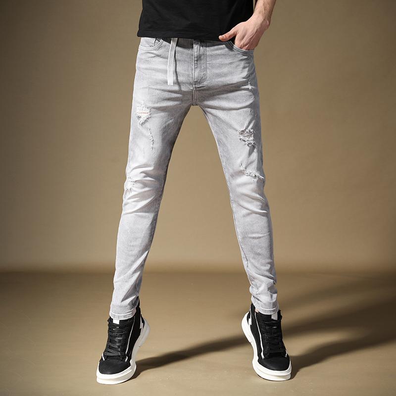 

Men Jeans Summer Fashion Ripped Straight Slim Fit Pants Streetwear Gray Stretch Denim Trousers