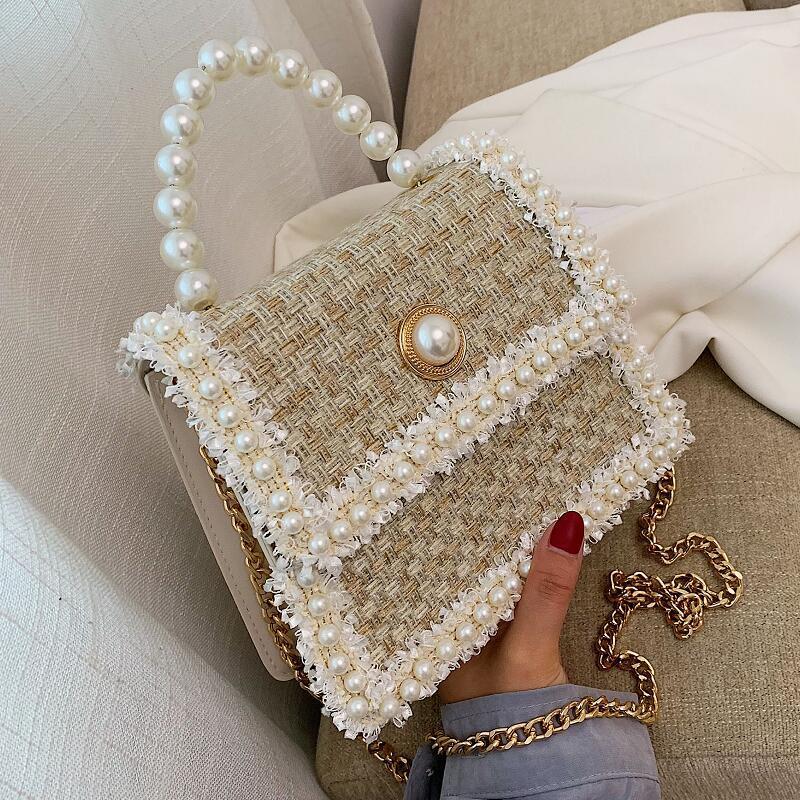 

2021 Fashion New Elegant Female Pearl Tote bag High Quality Woolen Women's Designer Handbag Chain Shoulder Messenger Bag Purses, Beige