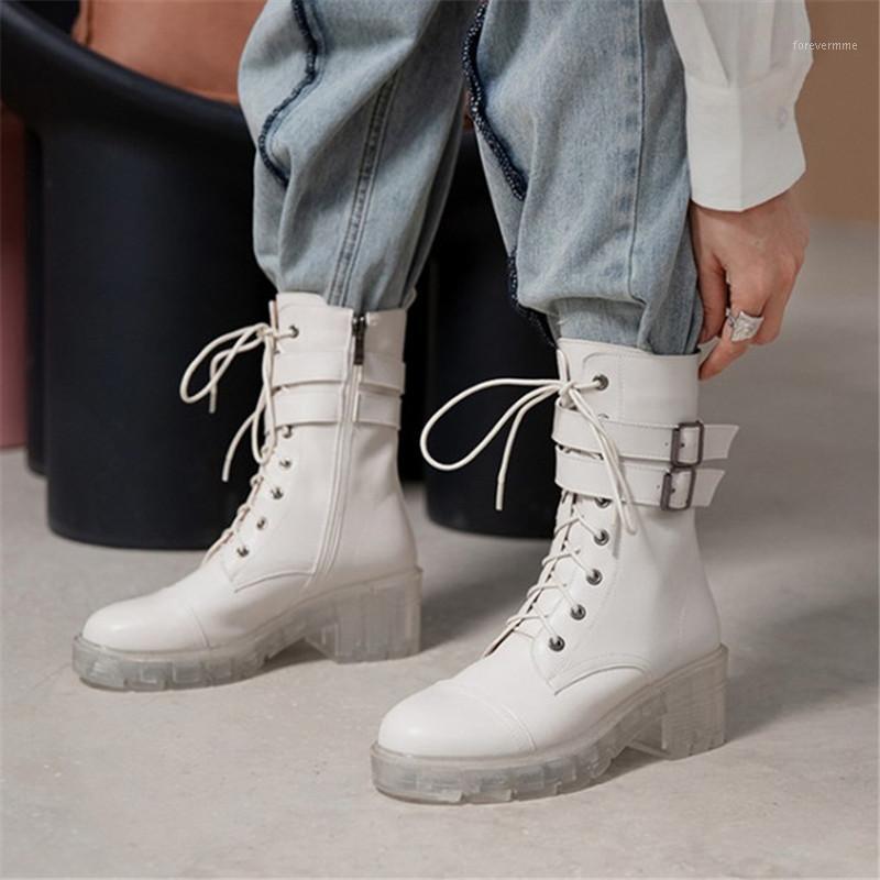 

PXELENA 2020 Autumn Winter Ankle Boots Women Shoes Transparent Clear Sole Chunky Heels Buckle Motorcycle Boots Plus Size 34-431, Black winter