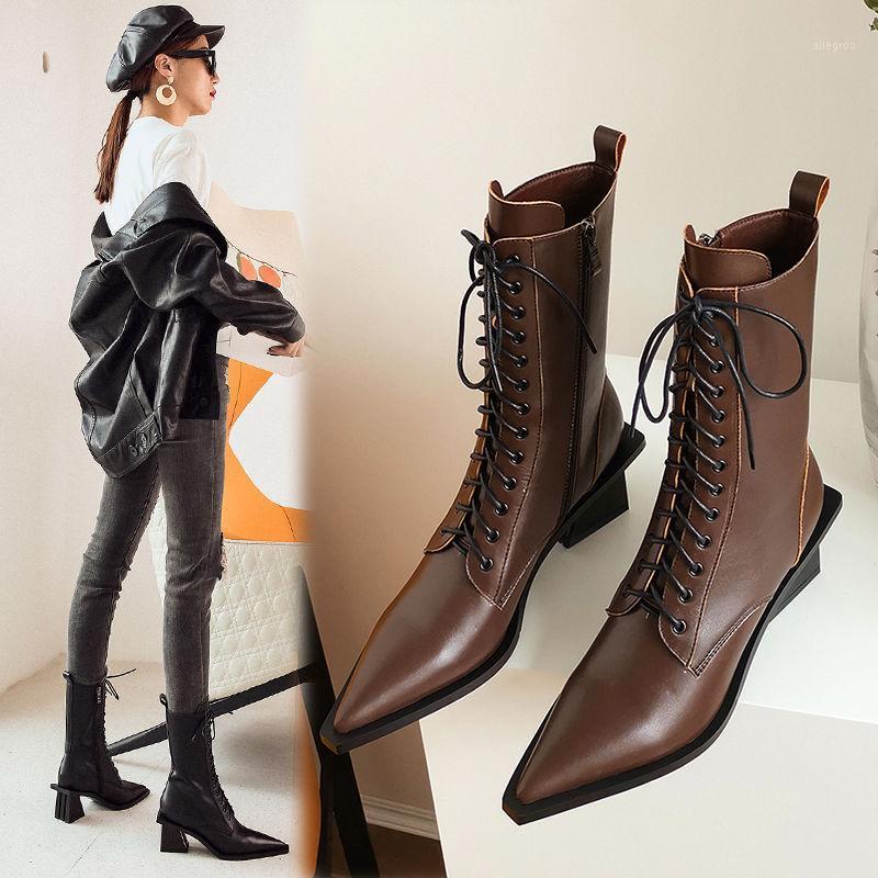 

European station net red pointed boots leather top thick high heels lace up fashion temperament thin short boots women1, Black