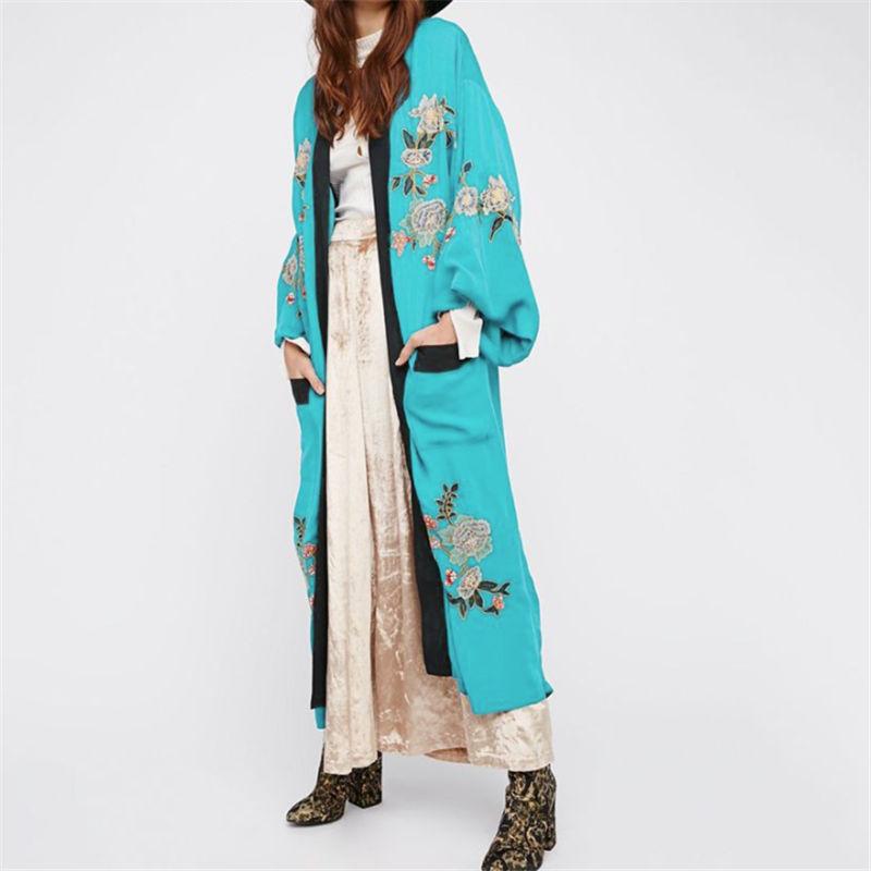

2020 Lake Blue Bohemian Embroidered Long Sleeve Kimono Cardigan Plus Size Beachwear Women Tops and Blouses camisas mujer N1019, Multi