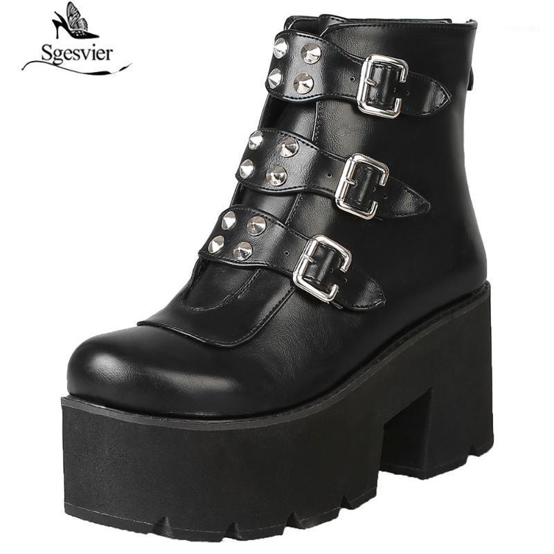 

Sgesvier Autumn Winter Women Platform Boots 2020 Fashion Zipper Black Ankle Boots Female Thick High Heel Punk Size 46 B9321