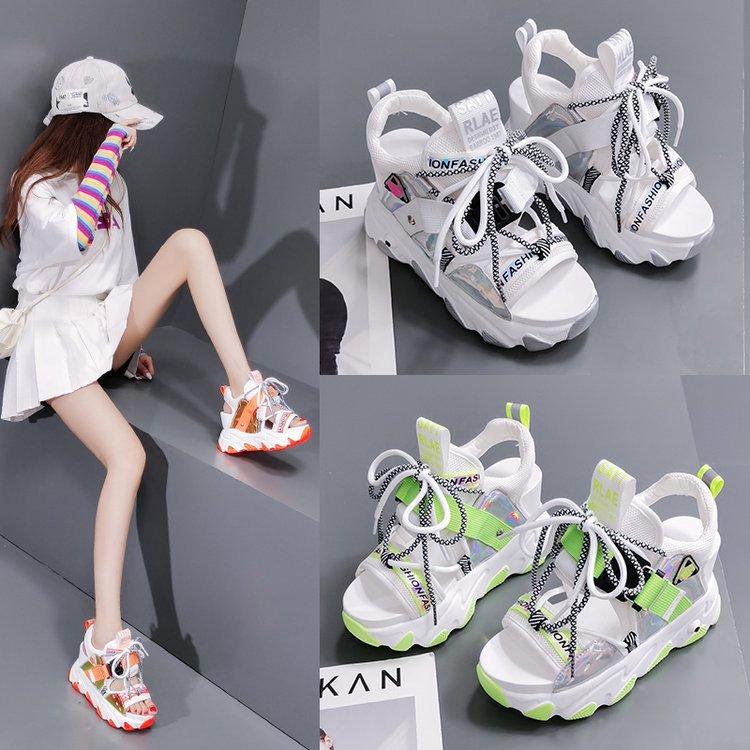 

High heeled sandals women 2021 summer new Korean color matching open toe net red fashion thick soled fashion shoes, Green