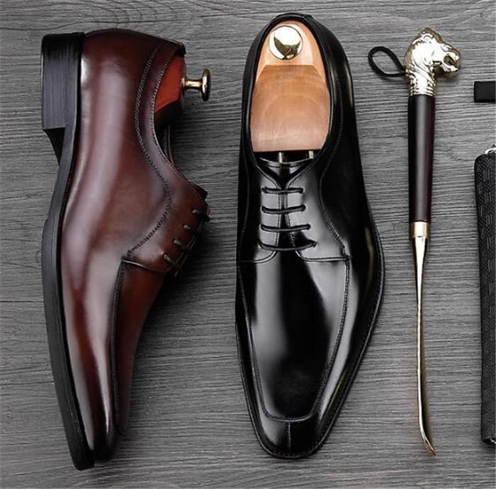 

Spring custom handmade men's shoes patchwork rub color square toe British business suits dress lace-up leather outsole shoes, Black
